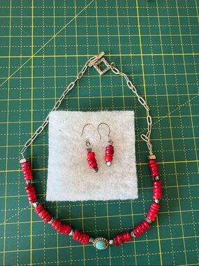 Handcrafted Red Bead Necklace and Earring Set with Turquoise Accent